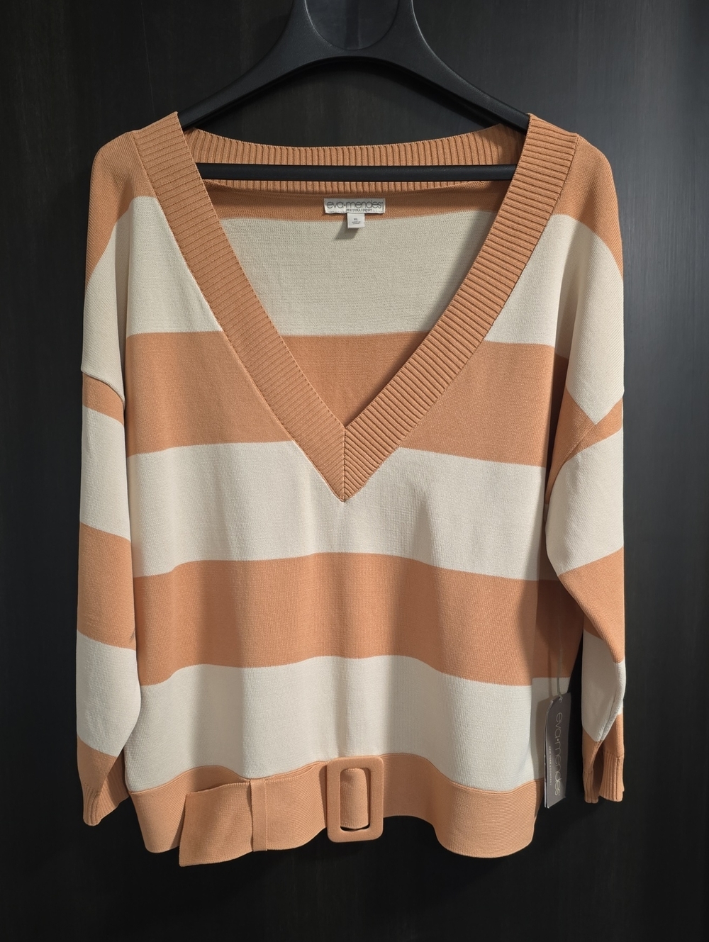 New York & Company eva•mendes V-Neck Sweater in Cream & Tan with Belt Accent, XL